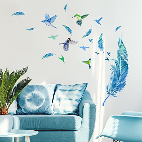 Blue Feathers Wall Decor Stickers, Creative Hummingbird Feather Window Peel and Stick Wallpaper Deacls, DIY Art Mural for Living Room Bedroom Kitchen Laundry Room Classroom