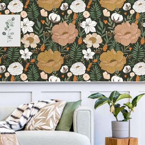 WENMER Floral Peel and Stick Wallpaper - Green White Boho Daisy Peony Contact Paper - Vintage Self Adhesive Removable Wallpaper for Bedroom Bathroom Cabinet - 17.7" x 118"