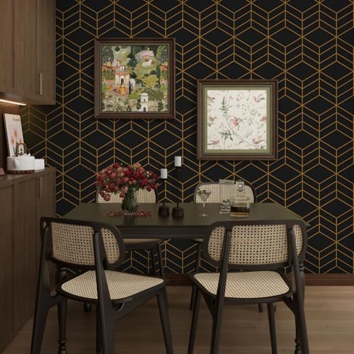 LiKiLiKi Black and Gold Peel and Stick Wallpaper - Modern Geometric, 17.3''118'' Self Adhesive, Removable Decorative Vinyl for Drawer, Shelf, Cabinets
