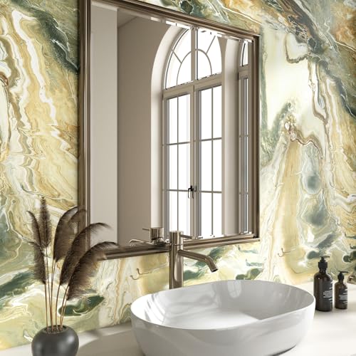 LACHEERY Green and Gold Marble Contact Paper for Countertops Matte Marble Countertop Peel and Stick Waterproof Bathroom Wallpaper Peel and Stick Countertops for Kitchen Counter Top Cabinets 15.8"x80"
