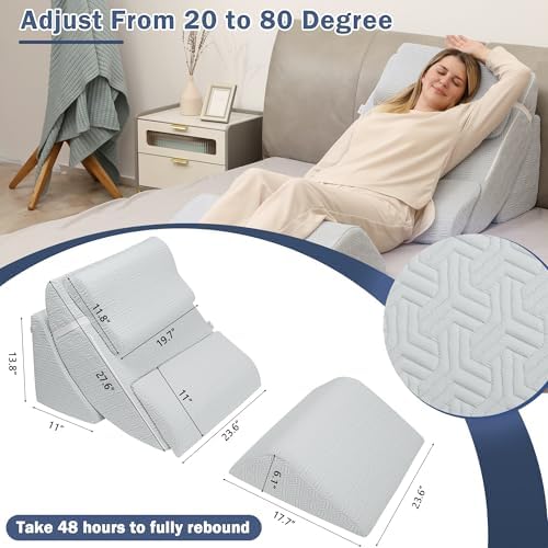 5pcs Orthopedic Bed Wedge Pillow Set, Adjustable Memory Foam, Post Surgery Foam for Back Neck & Leg Pain Relief Support, Acid Reflux, Snoring Reading, Sleeping, Sitting up, Blue