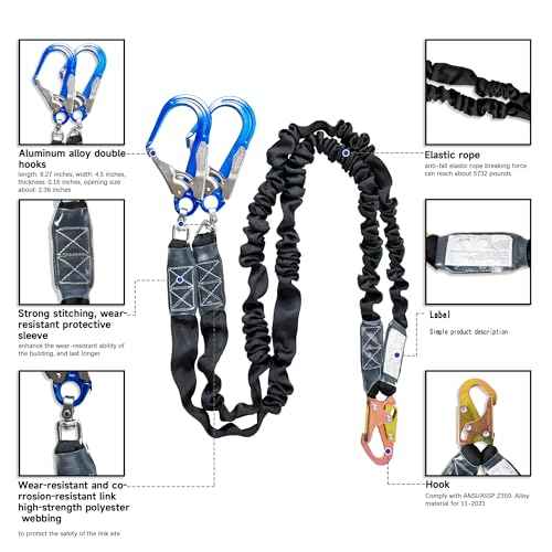 6ft Safety Lanyard Double Leg Internal Shock Absorbing Safety Fall Protection Lanyard with Rope Harness Safety Lanyard Dual Rebar & Snap Hook Roofer Fall Protection Equipment£¨Aluminium Alloy£©