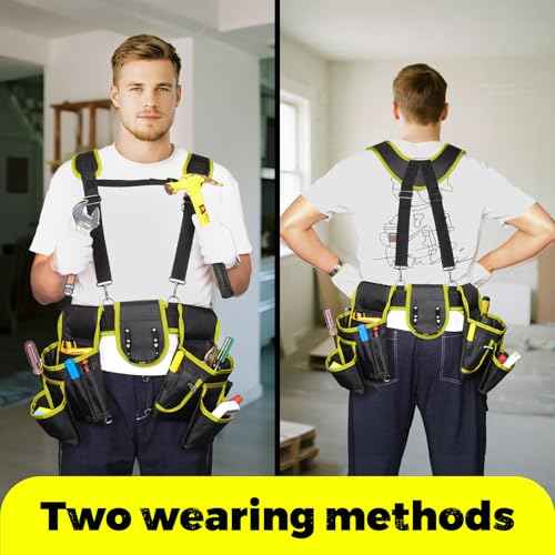 Tool Belt,Professional Tool Belts for Men with Suspenders,18 Pockets Heavy Duty Tool Pouch,Heavy Duty Detachable Adjustable Utility Belt Work Bags for Electrician,Carpenter (Yellow, Large)