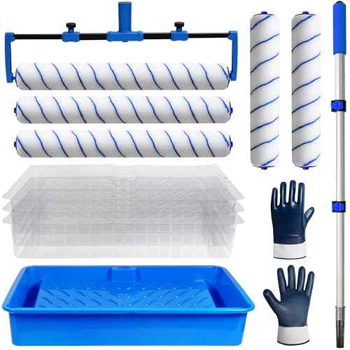 Paint Roller Kit, 12PCS Painting Set, 18 inch Paint Rollers Disposable Paint Tray Liners and Roller Covers, 21.26~47.64in Extension Pole, Large Paint Rollers(Gloves Included)