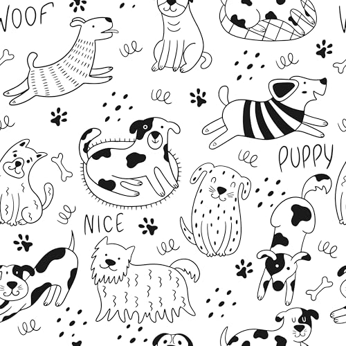 Black and White Dog Wallpaper Peel and Stick White Contact Paper Animal Nursery Wallpaper Fun Puppy Self Adhesive Contact Paper for Walls Kids Room Bedroom Cabinet Liner Dog Decor 17.5"x102"