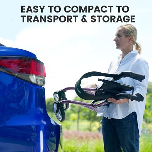 Super Lightweight Rollator Walker for Seniors, Foldable Rolling Walker with Seat and 8" Rubber Wheels for All Terrain, Upgraded Height Adjustment Button with Cup Holder, Purple