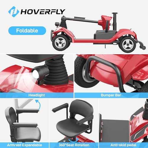 Hoverfly T4 Mobility Scooter, 4-Wheel Mobility Scooter for Adults - 12.4 Miles Range, 3.7 mph, Smart Safety Features, Removed Battery, Rotating Swivel Seat, Headlight, Basket, Charger Included Red