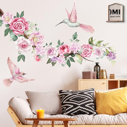 2 Sheets Watercolor Peony Flowers Wall Decals Floral Wall Stickers Pink Hummingbirds Wall Decals DIY Removable Flying Birds Floral Art Stickers for Living Room Sofa TV Background