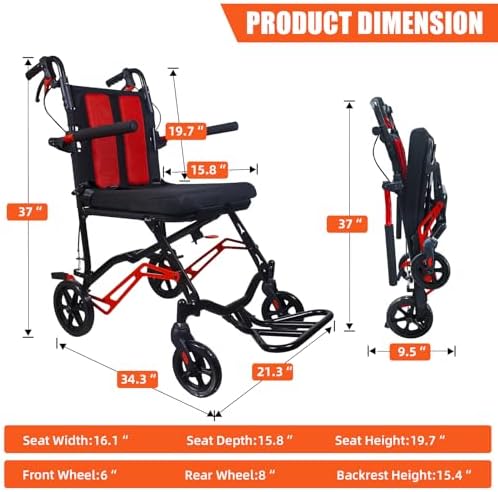 19 lbs Travel Wheelchair Lightweight Foldable – Aluminum Transport Wheelchair for Adults, Portable Manual Wheelchair, Ideal for Seniors & Travel