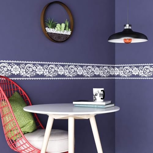 YENHOME Self Adhesive Wallpaper Border Peel and Stick Wall Border Mirror Frame Borders 4" X 32.8" White Lace Floral Wallpaper Peel and Stick Self Adhesive Wall Paper Borders for Bathroom