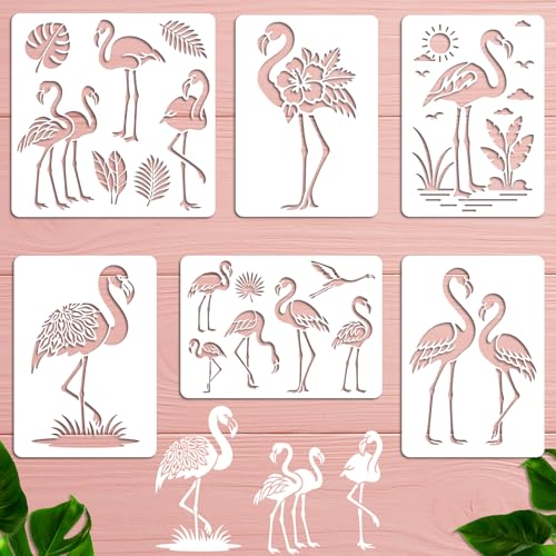 6Pcs Flamingo Stencil PET Painting Templates Drawing Inlay Border Stencils for Furniture Reusable DIY Craft for Wall Wood Fabric Canvas Paper Home Decor 11.7inch