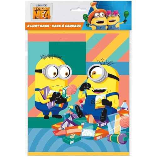 Unique Despicable Me Birthday Party Supplies Favor Bundle Pack includes 8 Loot Bags, 8 Party Paper Goggles, 24 Tattoos, 1 Award Ribbon, 1 Dinosaur Sticker Sheet