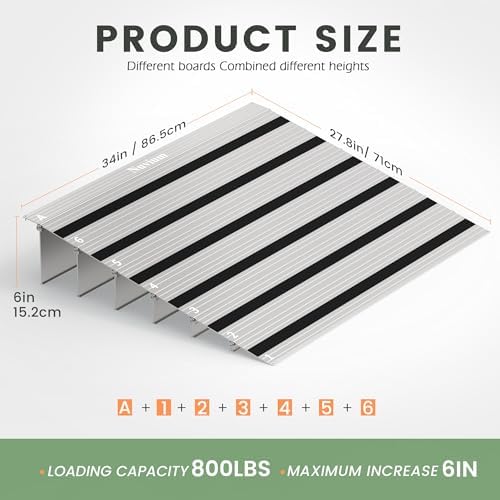6" Rise Door Threshold Ramp with Updated Fixable Screws, Stable Portable Wheelchair Ramp for Home Steps, Aluminum Door Entry Ramps for Scooters, Power Chairs, Walkers, 800LBS Load Capacity