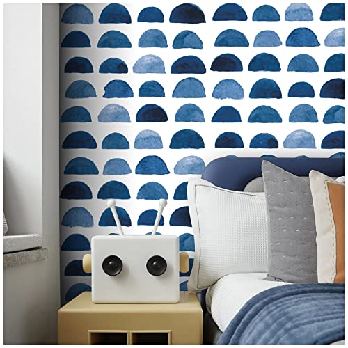 HAOKHOME Watercolor Brush Strokes Scallop Boho Peel and Stick Wallpaper Removable Indigo Blue/White Vinyl Self Adhesive Mural 17.7in x 9.8ft