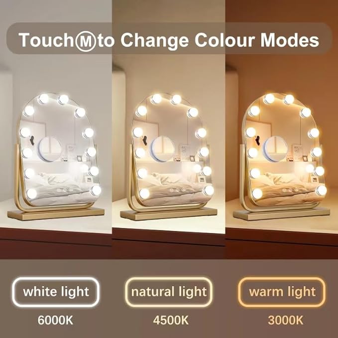 Vanity Mirror with Lights,17.3"ÃÂ13" Lighted Makeup Mirror with 12 Dimmable LED Bulbs,10X Magnification Smart Touch Control Hollywood Mirror with Lights,3 Colors Dimmable,360ÃÂ° Rotation (Gold)