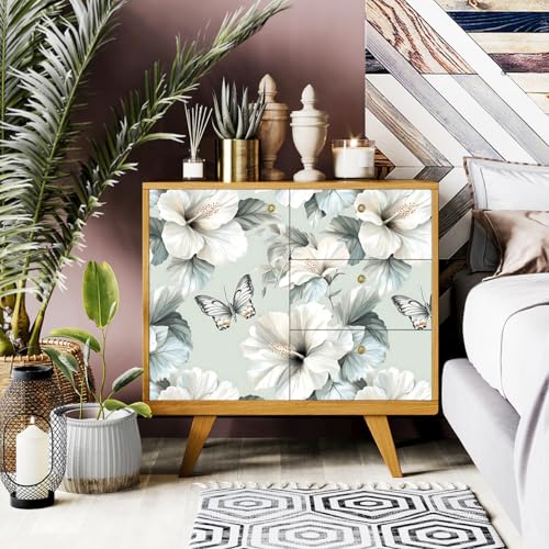 Floral Peel and Stick Wallpaper White Flower Contact Paper 16.9inch x 196.8inch Oil Painting Modern Wall Paper Butterfly Removable Large Floral Decorative Wallpaper Flower Waterproof Vinyl