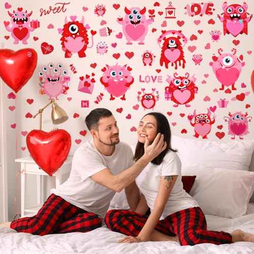 Haull 89 Pcs Valentine's Day Wall Decals Monster Stickers Valentines Day Window Clings Valentine Heart Wall Decoration for Wedding Anniversary Living Room Bedroom Decoration, 6 Sheets
