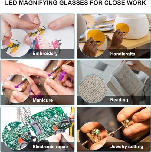 OKH 200% Magnifying Glass with Light, Rechargeable Lighted Magnifying Glass, Jewelry Magnifier with 2 LED Lights, Pink Magnifying Glasses for Close Work Reading Crafts Jewelry