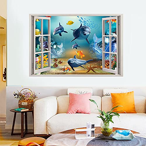 3D Ocean World Fake Windows Wall Sticker,Shark Turtle Tropical Fishes Sea Life Peel and Stick Removable Windows Wall Decals for Boys and Girls Bedroom Playroom Living Room£¨24"x18"£©