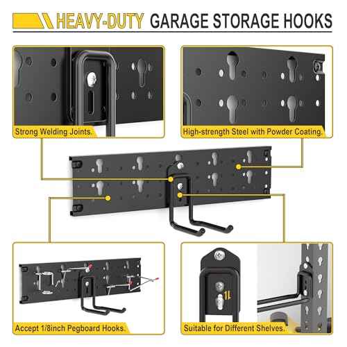 Ultrawall Garage Storage Organization, Versatile Storage Hooks Garden Tool Organizer Wall Mount, 48 Inch Yard Tool Organizer Hangers for Shovels, Rakes, Ladders, 15pcs Black