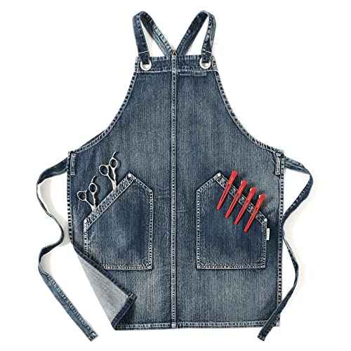 Jeanerlor Denim Cross Back Apron Acid Washed With Pockets for Hair Stylist