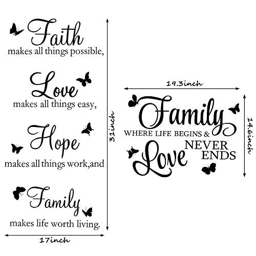 2 Sheets Family Vinyl Wall Decor Stickers, Faith Makes All Things Possible, Family Scripture Quote Wall Decals, Inspirational Quote Sayings Butterfly Art Decals Stickers(Black)