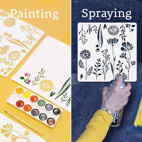 Wildflower Wall Stencil Templates 11.8 x 11.8 Inch Reusable Floral Stencils for Painting on Wood Wall Floor Fabric Furniture, DIY Home Decor Craft Stencil