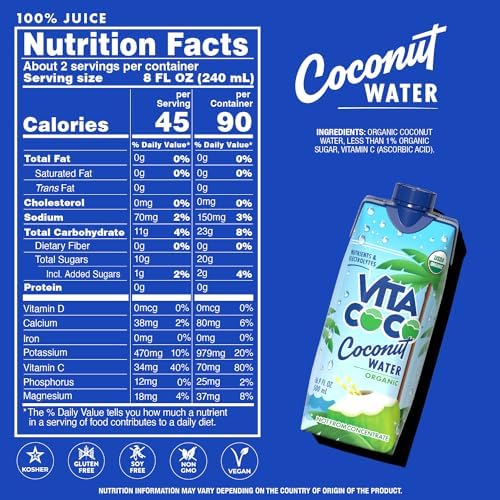 Vita Coco Coconut Water, Pure Organic | Refreshing Coconut Taste | Hydrating Electrolytes | Vital Nutrients | 16.9 Oz (Pack Of 12)