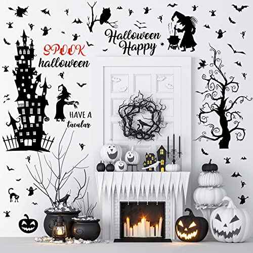 6 Sheets Halloween Wall Decals Removable Tall Haunted House Stickers Decorations DIY Spooky Garage Door Stickers Witch Bats Ghost Tree Castle Window Decals for Wall Room Nursery Halloween Party