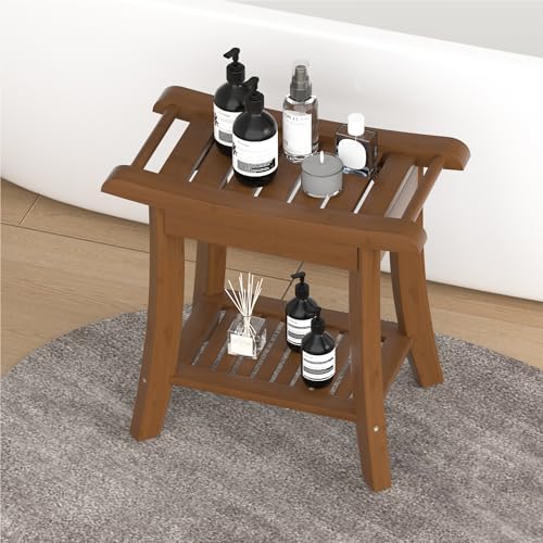 Bamboo Shower Bench Stool with Storage Shelf Small Shower Chair Seat for Inside Shower 19 x 10 x 18 Inches Chestnut Brown