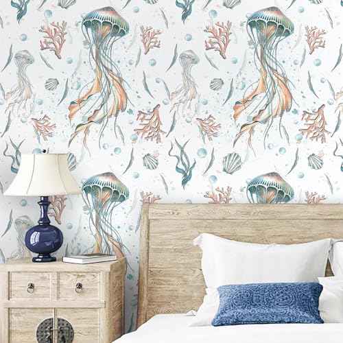 HeloHo Peel and Stick Wallpaper Light Blue Wall Paper Ocean Jellyfish Seaweed Self Adhesive Removable Waterproof Contact Paper for Bathroom Living Room Decor Kids Room Wallpaper 16.1" X 118"