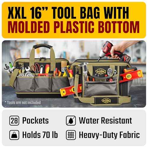 The Ryker 16-inch Large Tool Bag Heavy Duty Tool Bag Organizer for Men/Women 28pockets Portable Utility Bags for Tools - Toolbag Organizers Electrician Tools Bags for men Heavy Duty
