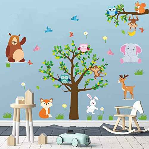 Supzone Jungle Animal Wall Stickers Forest Animal Tree Wall Sticker Owls Wall Decals for Kids Baby Nursery Playroom Bedroom Classroom Kindergarten Wall Decor