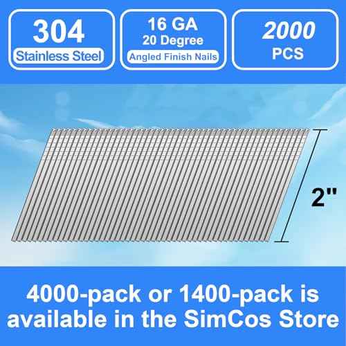 16 Gauge Angled Finish Nails 304 Stainless Steel, (1-1/4", 1-1/2", 2", 2-1/2"), 20-Degree,Assorted Size Project Pack for Pneumatic, Electric Finish Nailer or Nail Gun (2 inch)