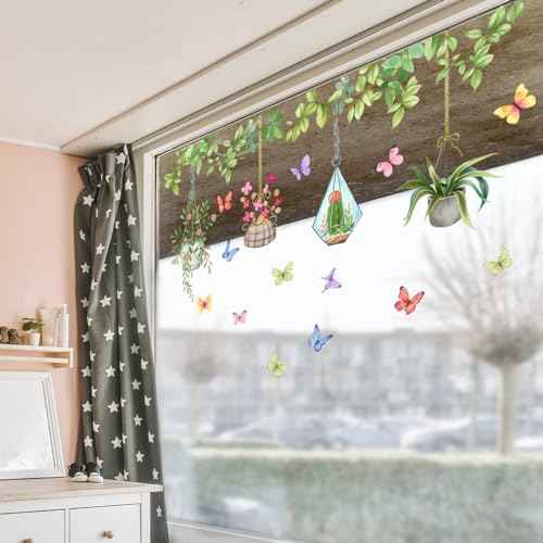 Runtoo Potted Plant Window Clings Flower Catcus Hanging Vines Glass Wall Decals Stickers Tropical Botanical Cactus Living Room Bedroom Home Decor