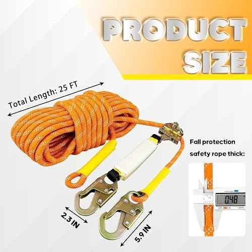 Fall Protection Safety Rope 25FT Heavy Duty Vertical Roofing Rope with Alloy Steel Grab Snap Hooks Shock Absorber Fall Protection Tree Climbing Line Kit Tree Stand Safety Line Kit