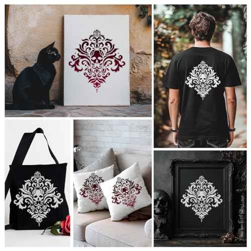 Skull Damask Stencil for Painting, 11.8"x11.8"Reusable Spliced Halloween Stencil Drawing Template, Baroque Retro DIY Craft Paint Template for Wall Home Decor Wood Burning Card Journal Canvas