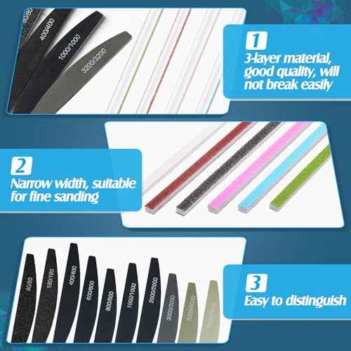 Honoson 70 Pcs Sanding Sticks Polishing Sticks Fine Sanding Twig Coded Abrasive Sand Twig for Plastic Model Assorted Metal and Wood Sand Tool Accessory for Craft(Low Grits Rating,Half Moon)