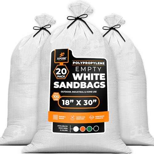Xpose Safety Heavy Duty Sand Bags with Tie Strings ? Empty Woven Polypropylene Sandbags for Hurricane Flood Protection, 100 lb Capacity, 18" x 30", White, Pack of 20