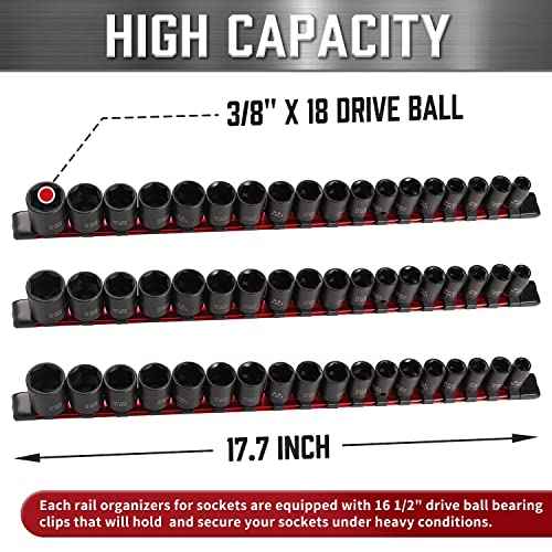 ALOANES 3 PC 3/8-Inch Drive Aluminum Alloy Socket Organizer, Heavy Duty Socket Racks, Socket Holder Kit 3/8-Inch x 54 Clips (Red)
