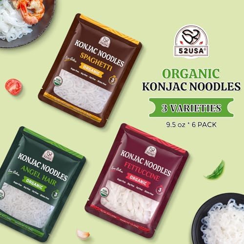 52USA USDA Organic Konjac Shirataki Noodle, Low Carb Pasta 52.8 Oz, 6 Pack 3 Variety-Angel Hair, Fettuccine, Spaghetti Noodles, Keto and Paleo Friendly, Low Calorie, Sugar Free, Vegan, Ready to Eat