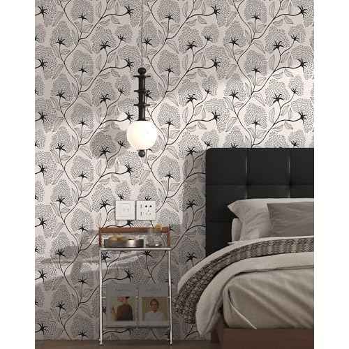 Peel and Stick Wallpaper Boho Contact Paper 17.3¡±x78.8¡± Black and Beige Modern Wallpaper Self Adhesive Removable Floral Wall Paper for Bathroom Art Decoration Wallpapers Bedroom Kitchen Vinyl