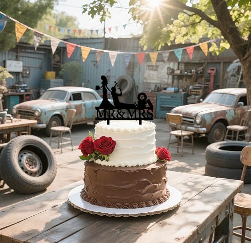 Funny Repairman Wedding Cake Topper Repairman Couple Car Enthusiasts Automobile Repair Theme Cake Decor Mr&Mrs Cake Topper For Wedding Engagement Anniversary Bridal Shower Party Supplies