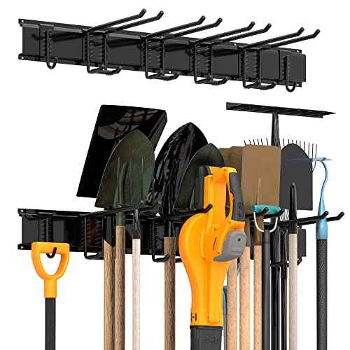Garage Tool Storage Rack, Heavy Duty Garage Storage Organizer Rack System Wall Mounted Tool with 6 double hooks, 2 rails, Garden Yard Tools Hanger Rack for Ski Gears, Broom, Rake,Shovel