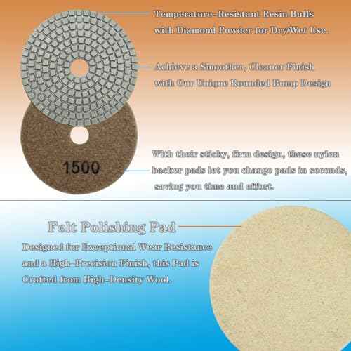 4 Inch Diamond Polishing Pads Kit, 15PCS Wet/Dry 50-6000 Grit for Granite, Concrete, Marble, Quartz, Stone ? Works with Drill, Grinder, Polisher, Includes 5/8¡¯¡¯-11 Backer Pad