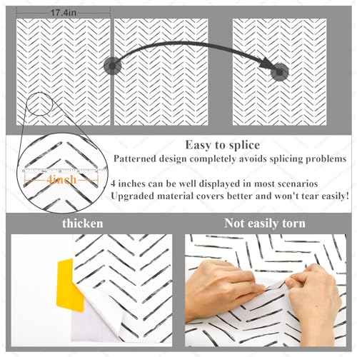 Rugreat Herringbone Peel and Stick Wallpaper Modern Stripe Contact Paper for Cabinets Neutral Self Adhesive Removable Wallpaper for Bedroom Bathroom Waterproof Black and White 78.8inL17.3inW