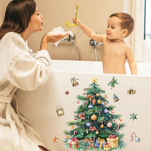 Merry Christmas Tree Wall Decal, Christmas Window Clings Wall Decals Peel and Stick, Christmas Decorations Wall Stickers for Winter Room Kitchen Bathroom Party Holiday Decor (Green)