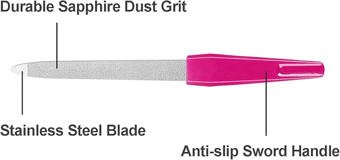 Metal Nail Files with Sharp Pointed Tip Made of Stainless Steel Non Slip Handle, Nail File Double Sided Sapphire Grit for Natural Nails Fingernails limas de uÃÂ±as metÃÂ¡licas Color Pink (6 Pcs)