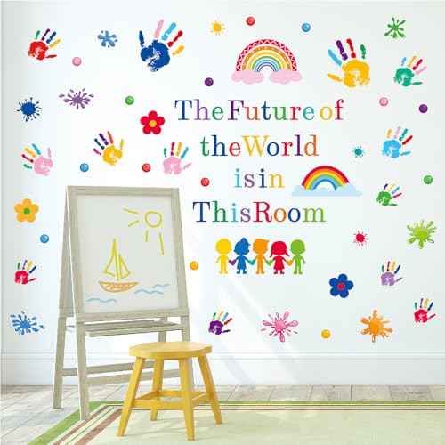 Classroom Wall Decals, 7 Sheets 86 PCS ? Handprints & Rainbow Quote ¡°The Future of the World is in This Room¡± ? Peel & Stick Removable Vinyl for Kids Room, Preschool, Daycare & Teacher Classroom Decor