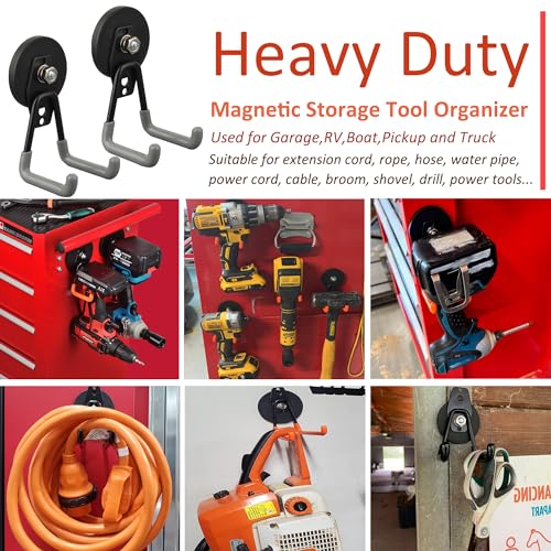 ULIBERMAGNET Heavy Duty Magnetic Hooks,Strong Large Magnet Hooks for Power Drill,Garden Tools, Hose,Pegboard,Garage,Workshop,4 Pack Magnetic Storage Hooks for Indoor Outdoor Hanging(Gray)